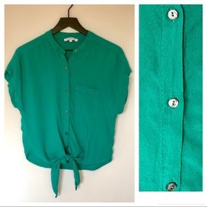 Olivaceous Collarless Short Sleeve Tie Up Blouse